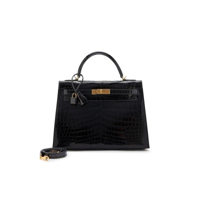 HERMÈS BLACK SHINY NILOTICUS CROCODILE SELLIER KELLY 32 GOLD HARDWARE (32*23*11cm)